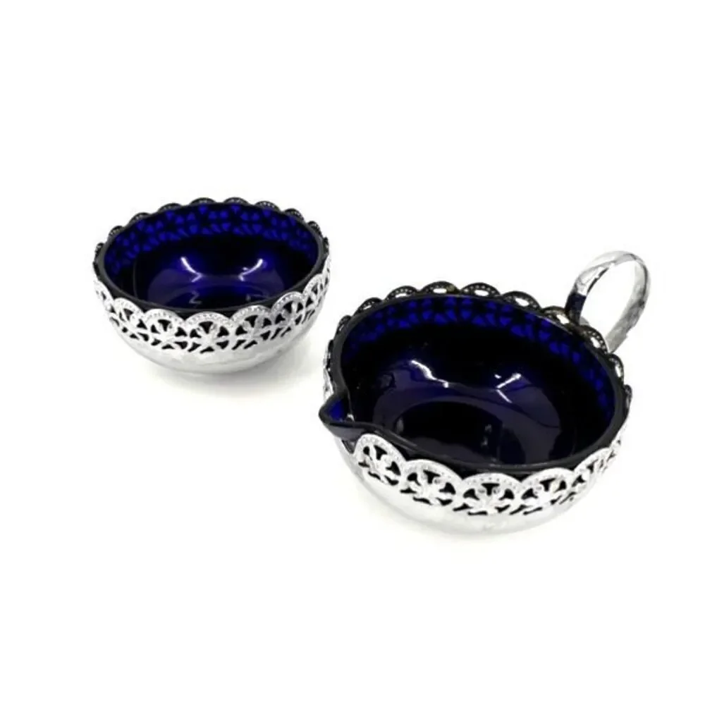 Vintage Silverplate Handle Glass Open Sugar and Creamer‎ Set Cobalt Blue Large
